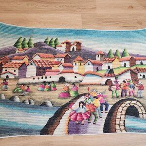Peruvian Handwoven Wall Hanging Tapestry Village Dancing Figures Textile Art